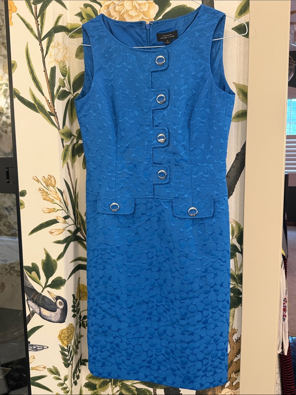 Sleeveless Textured Sheath Dress with Decorative Buttons - Bright Blue